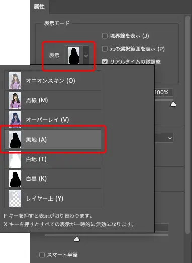 「表示モード」で「黒地」を選択