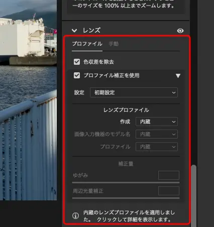 レンズプロファイルの適用欄（RAWデータ内蔵のプロファイルが適用された例）